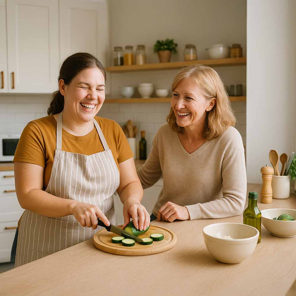 Woman laughing while slicing cucumbers beside another smiling woman in a kitchen.